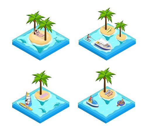 Island vacation isometric set with palm and beach isolated vector illustration