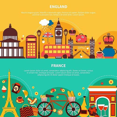 England and france horizontal banners with landmarks images and elements of national culture flat vector illustration