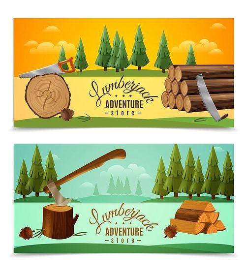 Lumberjack woodcutter outdoor adventures 2 banners set with ax saw and fairytale woodland background isolated vector illustration