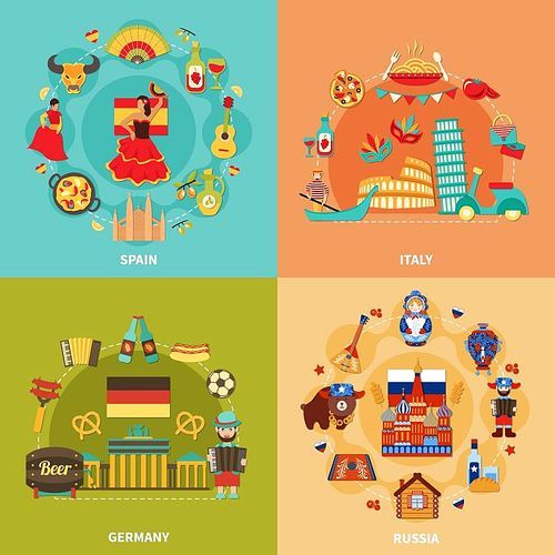 Travel set of four square compositions with flat national characters and symbols of various european countries vector illustration