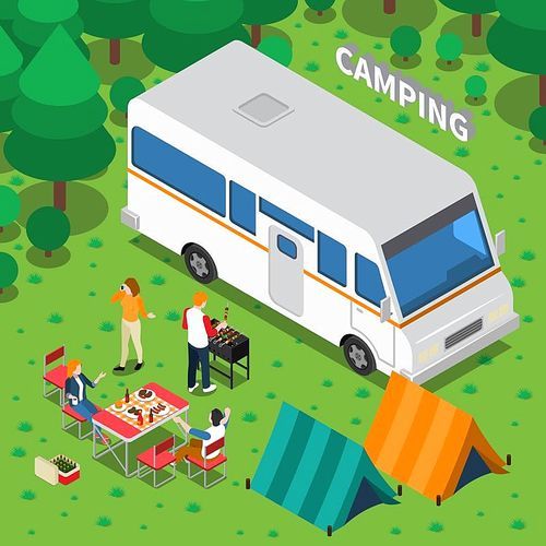 Camping isometric composition with people, grilled meat, car, tents, table with chairs on forest background vector illustration
