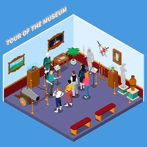 Tour of museum isometric composition with guide and group of visitors, warriors, weapon, ancient sculpture vector illustration