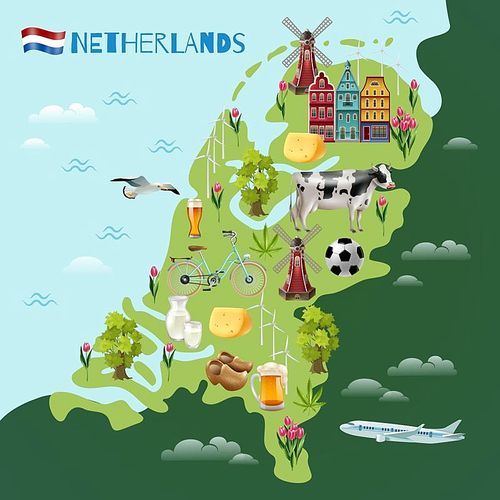 Holland travel sightseeing map with culture traditions national cheese beer clogs tulips and windmills symbols vector illustration