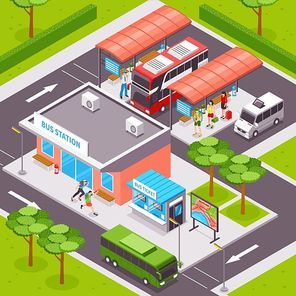 Bus station isometric design with  tourists on platforms public transport ticket office and road infrastructure vector illustration