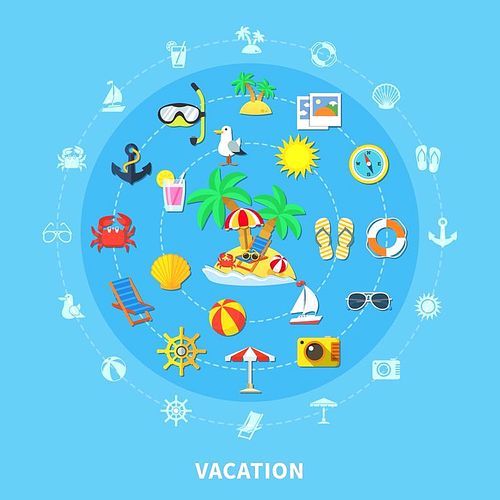 Vacation travel flat round composition of isolated emoji style summer holiday activity symbols and silhouette pictograms vector illustration