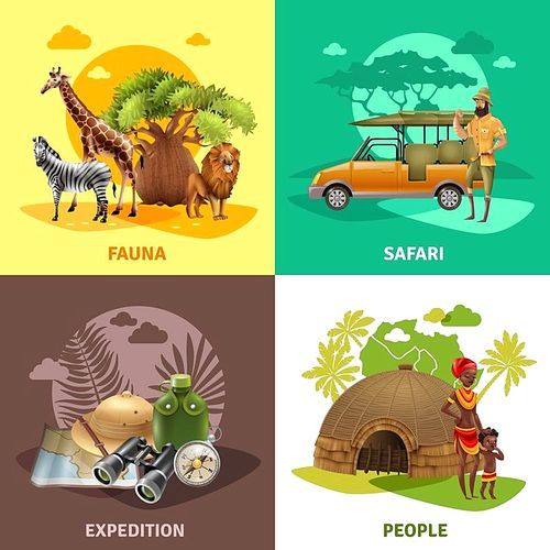 Four square isolated safari design icon set with fauna safari expedition and people descriptions vector illustration