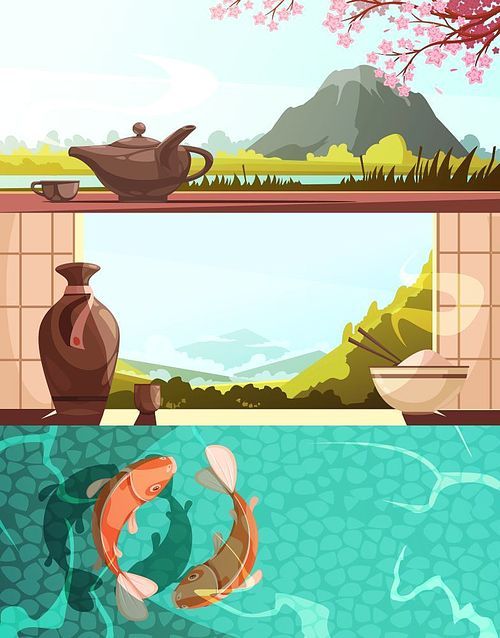 Japan set of retro cartoon horizontal banners with national cuisine natural landscapes koi carps isolated vector illusration