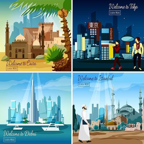 Set of flat tourist cards with eastern cityscapes isolated vector illustration