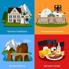 Germany travel flat concept with cultural traditions food architectural buildings beautiful landscapes vector illustration