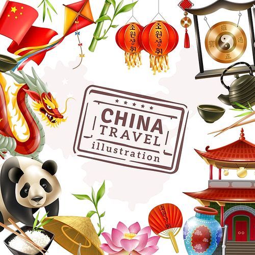 Colored china travel frame background with famous attractions and elements of traditional Chinese culture vector illustration