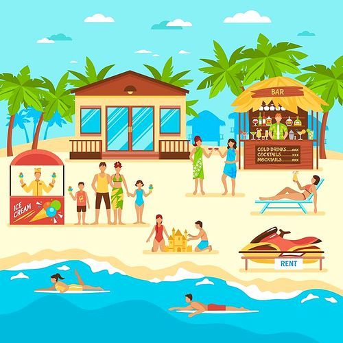 Beach with people bar and stall with icecream rent of water motorbike flat style vector illustration