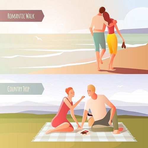 Romantic dinner dating couples flat compositions with loving couple characters suburban country trip and coastal landscape vector illustration