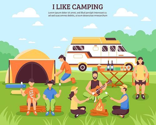 Camping and hiking composition with group of young people flat characters during outdoor recreation summer travel vector illustration