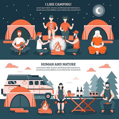 Two horizontal camping and hiking banners with groups of flat faceless people characters tent and bonfire vector illustration