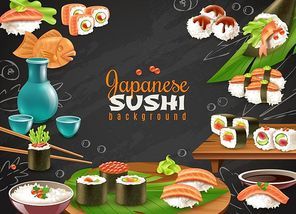 Black chalkboard background with various kinds of sushi maki sake and other japanese dishes realistic vector illustration