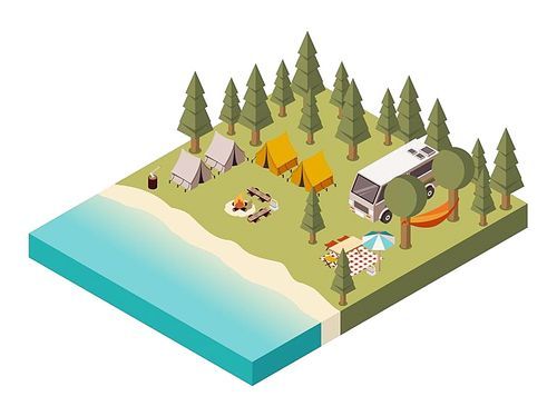 Camp near lake with van tents and bonfire umbrella table and chairs picnic baskets   isometric vector illustration