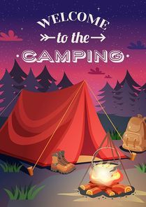 Camping vertical background poster with cartoon style composition shelter tent campfire at the set of sun vector illustration