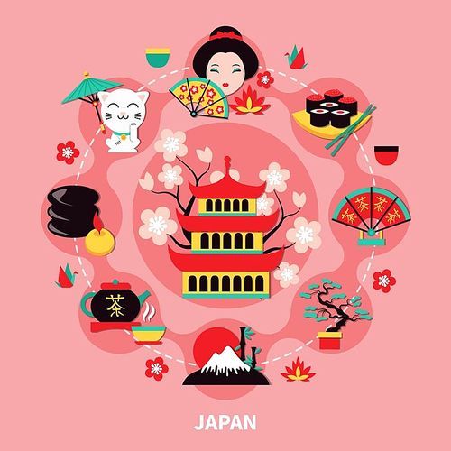 Japan landmarks design composition with historic building in center and traditional symbols of nature and culture around flat vector illustration