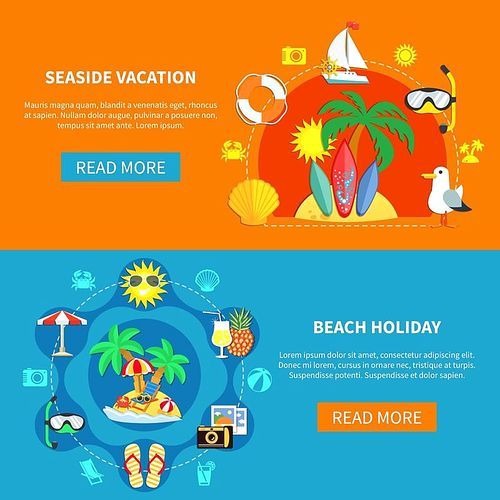 Vacation travel flat horizontal banners collection with summer beach recreation pictogram silhouettes and read more button vector illustration