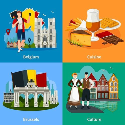 Travel concept in flat style with belgian landmarks including cuisine culture and brussel isolated vector illustration