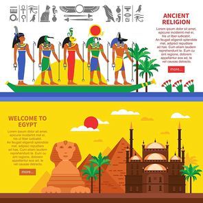 Egypt horizontal banners with egyptian landmarks decorative icons and sings of characters of ancient myths flat vector illustration
