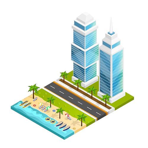 City and beach isometric concept with skyscraper road and sea vector illustration