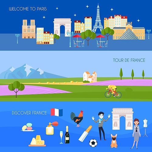 France horizontal banners set with Paris symbols flat isolated vector illustration