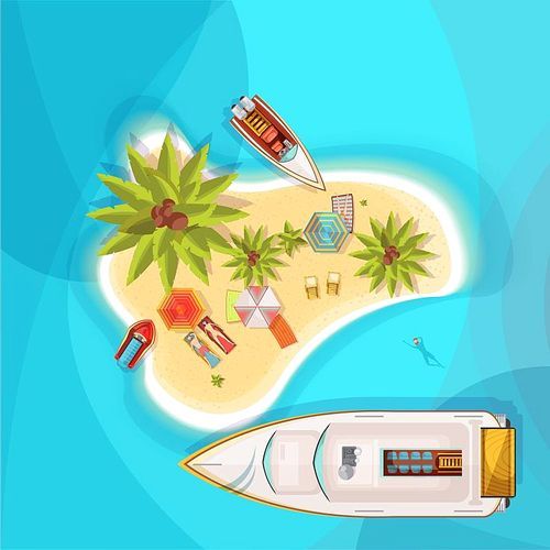 Island beach top view with blue sea, people on loungers under parasols, boats, palm trees vector illustration