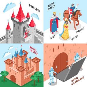 Four square royal castle design concepts with princess royal family royal castle and royal guardians vector illustration