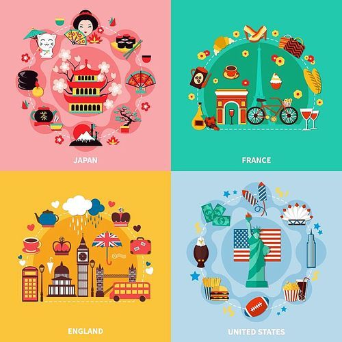 Tourism 2x2 design concept with japan france england and united states decorative compositions flat vector illustration