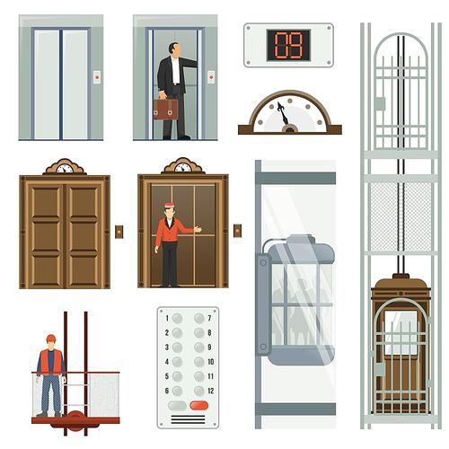 Colored isolated elevator icon set different types of elevators inside the building vector illustration