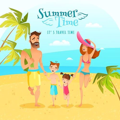 Happy family with two children spending summer season at seaside cartoon vector illustration