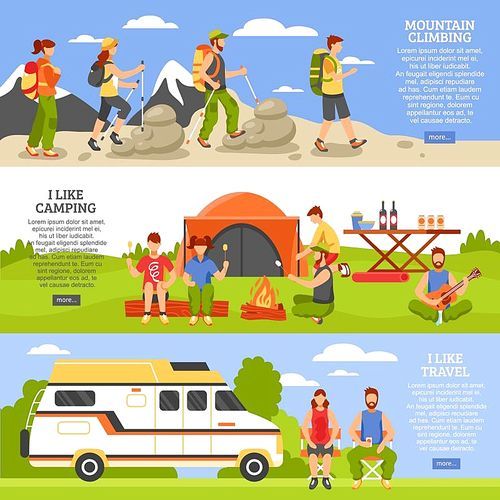 Set of three camping and hiking horizontal banners with outdoor climbing people compositions read more button vector illustration