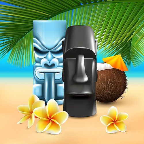 Hawaiian sunny beach illustration with cumbersome coconut and tin god images on colorful sandy seashore background vector illustration