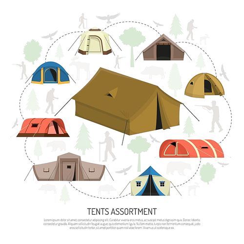 Camping tents for every purpose and capacity including tunnel dome pyramid models circle composition advertisement poster vector illustration