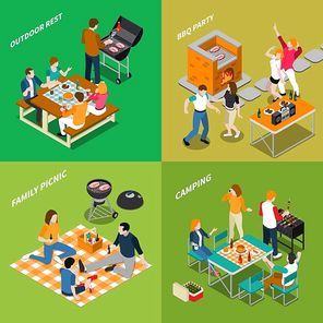 Bbq isometric compositions with outdoor rest, party with dancing, family picnic, camping, grill equipment isolated vector illustration