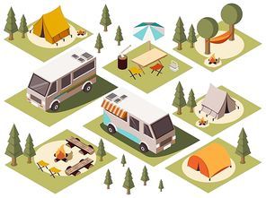 Isometric set of camp elements with vans tents bonfires chairs tables hammock and umbrella isolated vector illustration