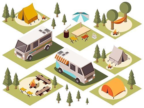 Isometric set of camp elements with vans tents bonfires chairs tables hammock and umbrella isolated vector illustration