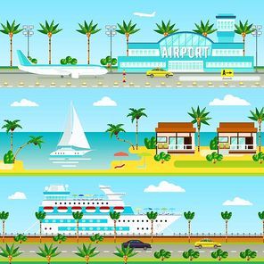 Three banners set with flat compositions of cruise vacation images with tropical palms airport ocean going ship vector illustration