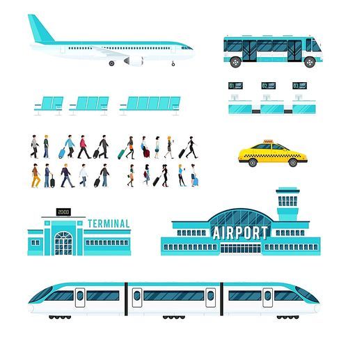 Set of icons with airport people with luggage transport including train plane bus taxi isolated vector illustration