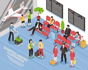 Airport departure waiting area lounge isometric poster with flight crew passengers and black display boards vector illustration