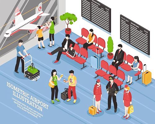 Airport departure waiting area lounge isometric poster with flight crew passengers and black display boards vector illustration