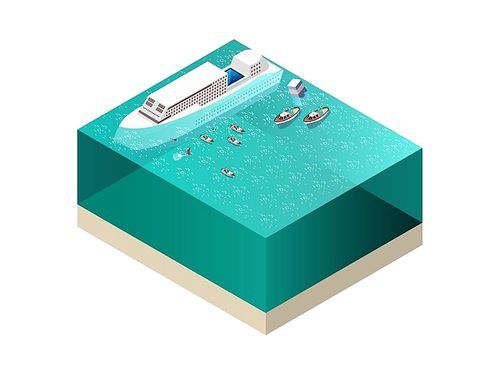 Rescue service team saving people near drowning ship isometric composition on white background 3d vector illustration