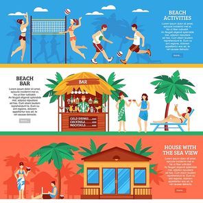 Beach horizontal flat banners set with bar sport games and house with sea view isolated vector illustration