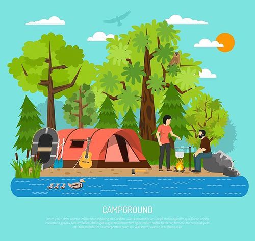 Summer family tube tent in campsite recreation area with couple cooking on campfire by the river vector illustration