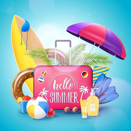 Summer tropical island beach resort vacation advertisement background poster with surfboard luggage suncream and bikini vector illustration
