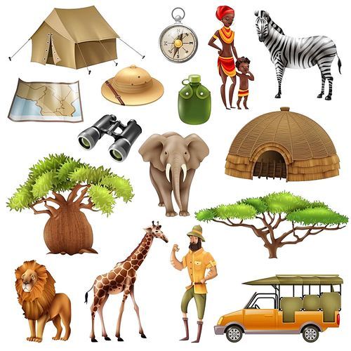 Colored and isolated safari set icon set with elements and attributes on theme vector illustration