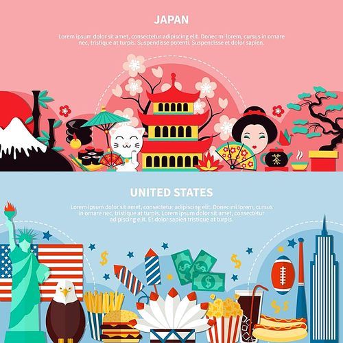 Japan and united states horizontal banners with national historic architecture and culture symbols flat vector illustration
