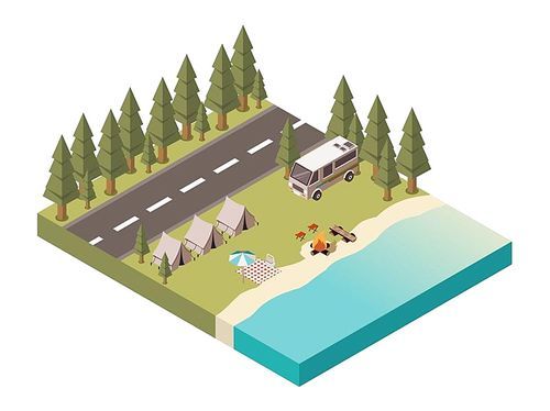 Camp isometric design with road tents and van bonfire near lake picnic blanket under umbrella vector illustration