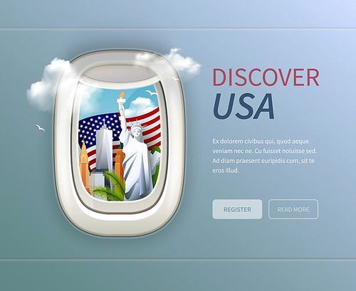 USA porthole background with discover usa headline and register and read more buttons vector illustration
